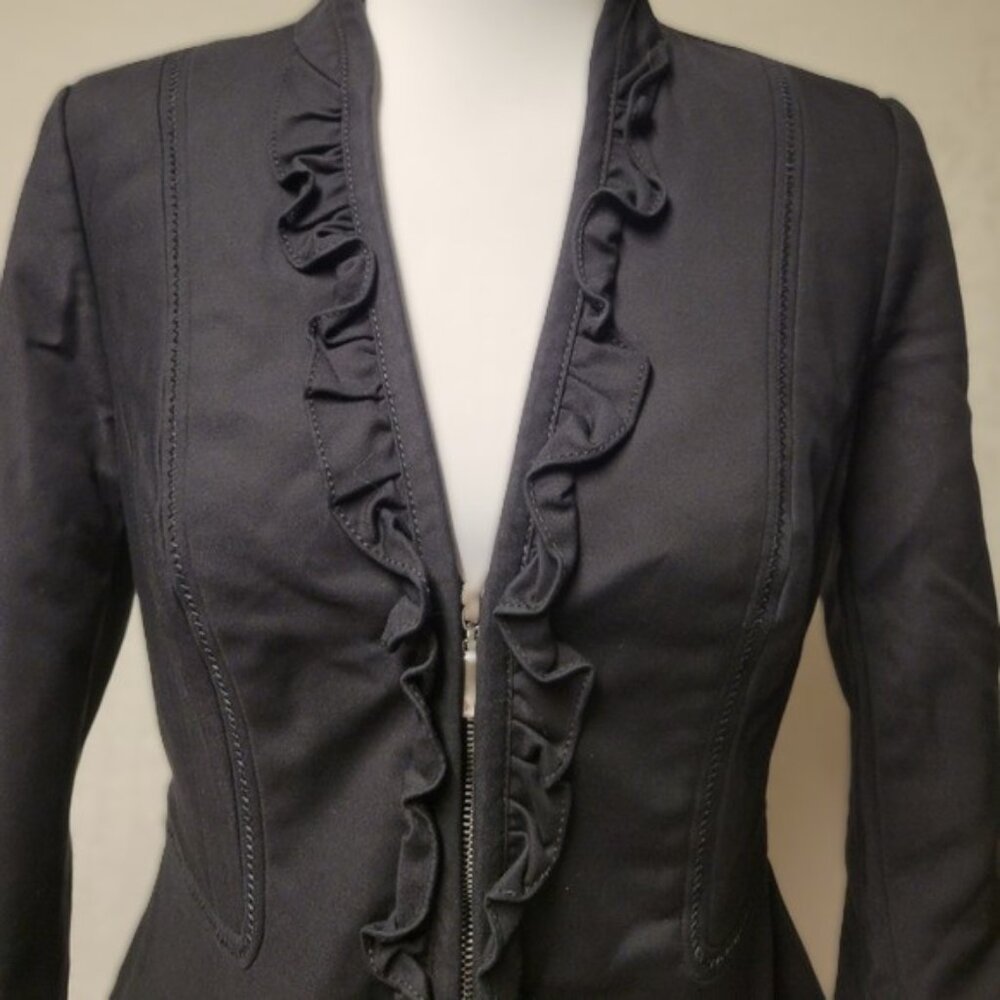 WHBM Ruffle Trimmed Black Blazer w/Front Zipper | Size‎ 4